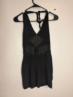 Black Crochet Knit Halter Mini Dress